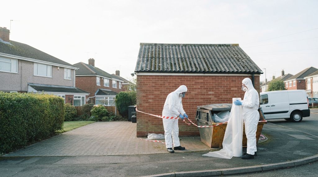 Cordoned garage demolition with a skip and wrapped waste