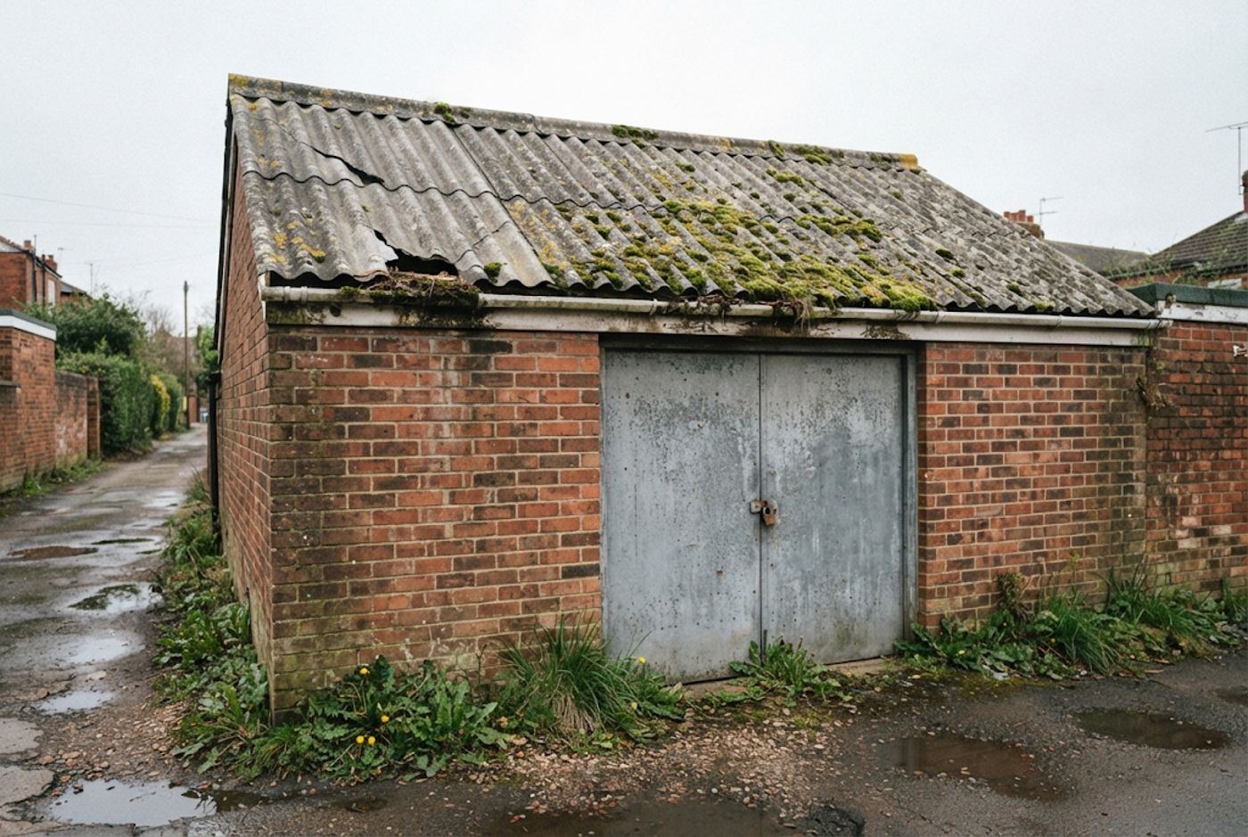 Old outbuilding with a weathered asbestos cement roof