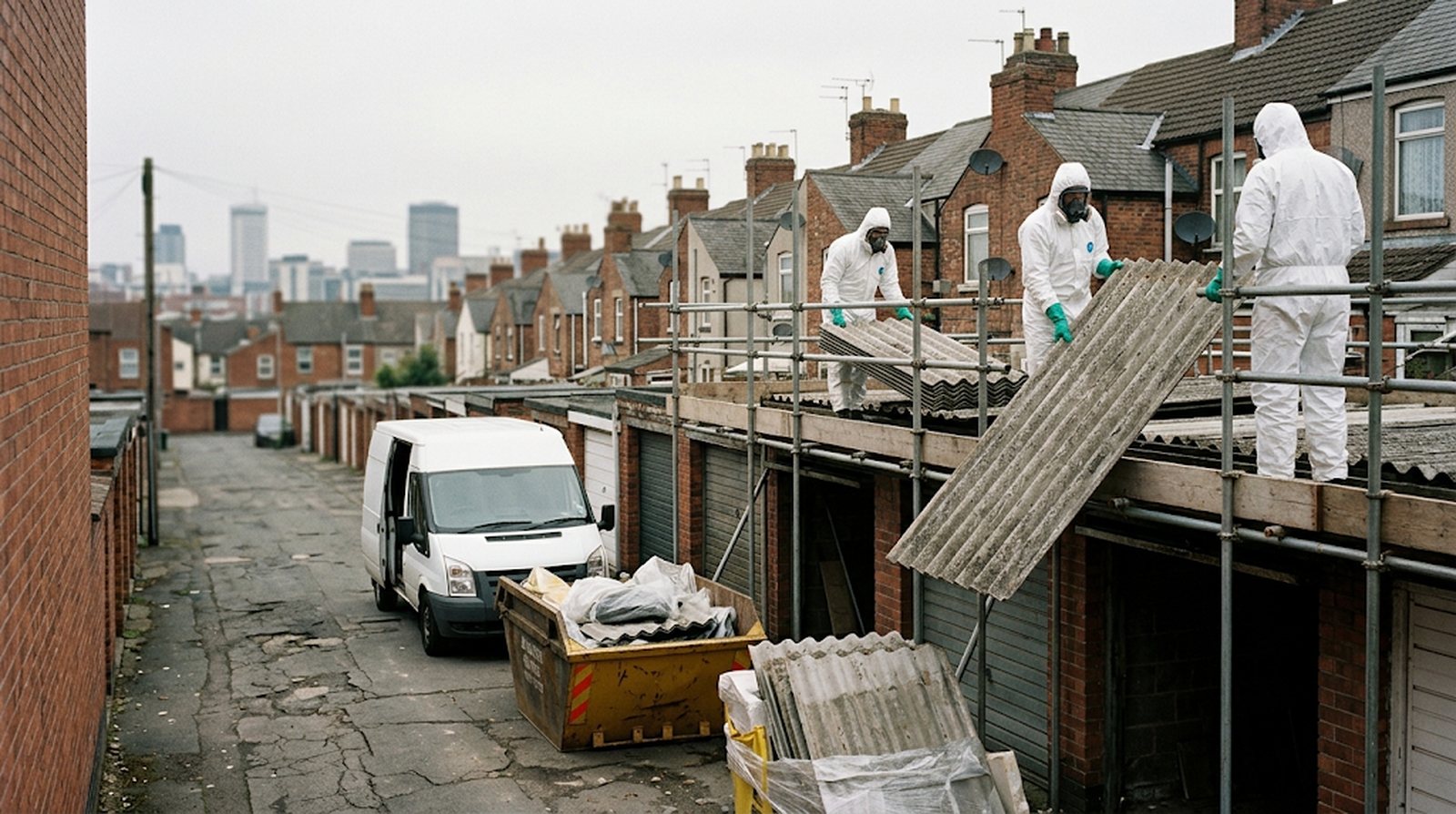 Trained operatives removing an old asbestos cement garage roof from a scaffold